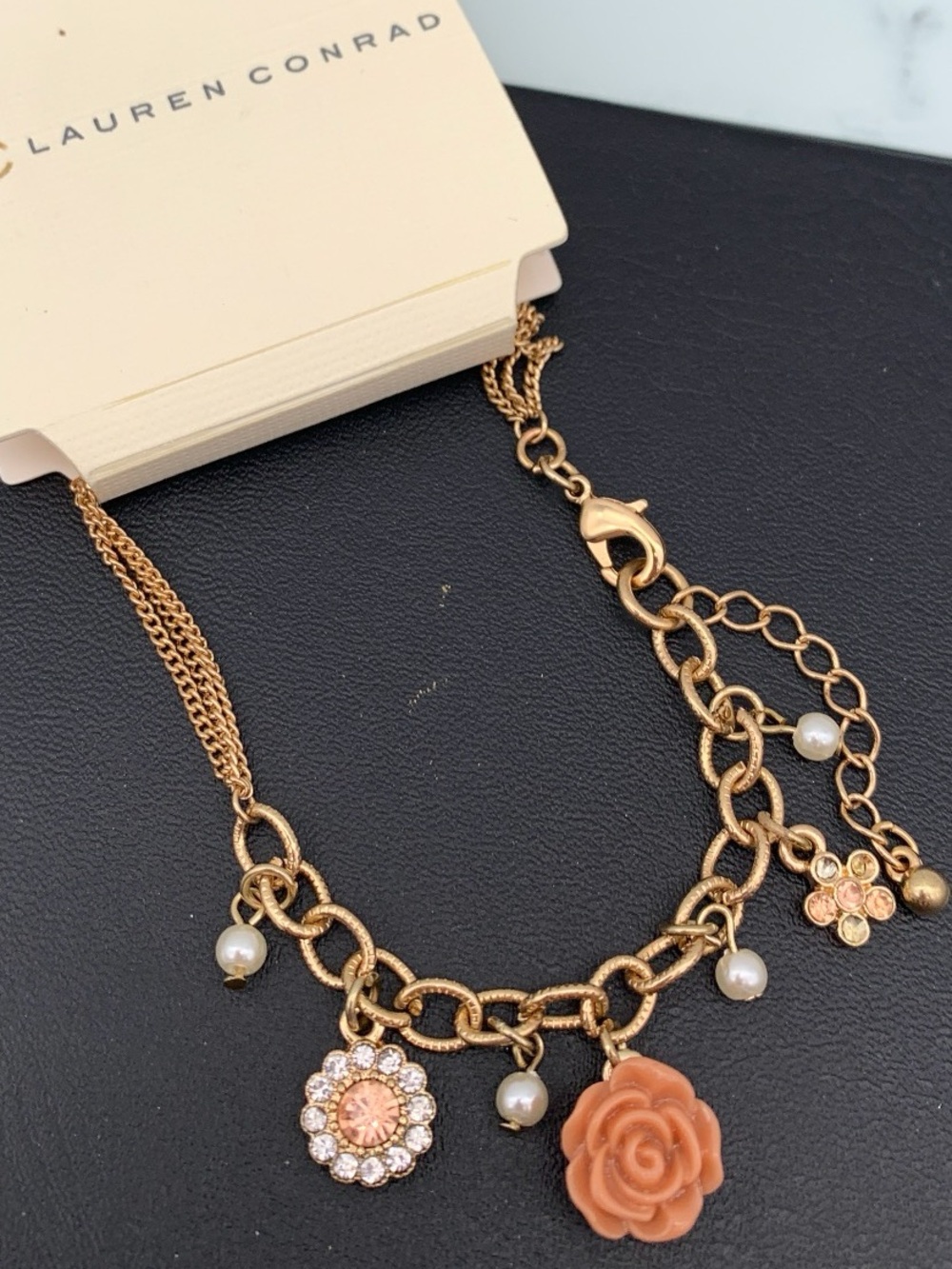 LC Lauren Conrad Gold-Tone Bracelet with Peach Rose and Pearl Charms